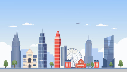 Fototapeta premium Stylized cityscape illustration with modern buildings a ferris wheel and a clear blue sky backdrop