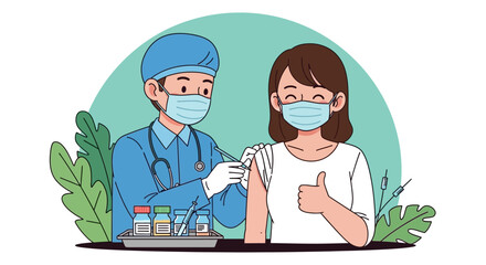 Medical professional administering vaccine to a patient with a positive gesture.