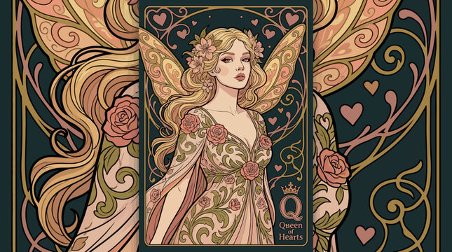 Art Nouveau Queen of Hearts Fairy Illustration with Roses and Wings