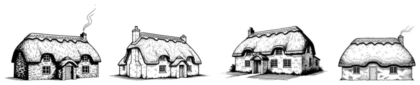 Collection of rustic hand drawn english cottages with traditional thatched roofs in ink style