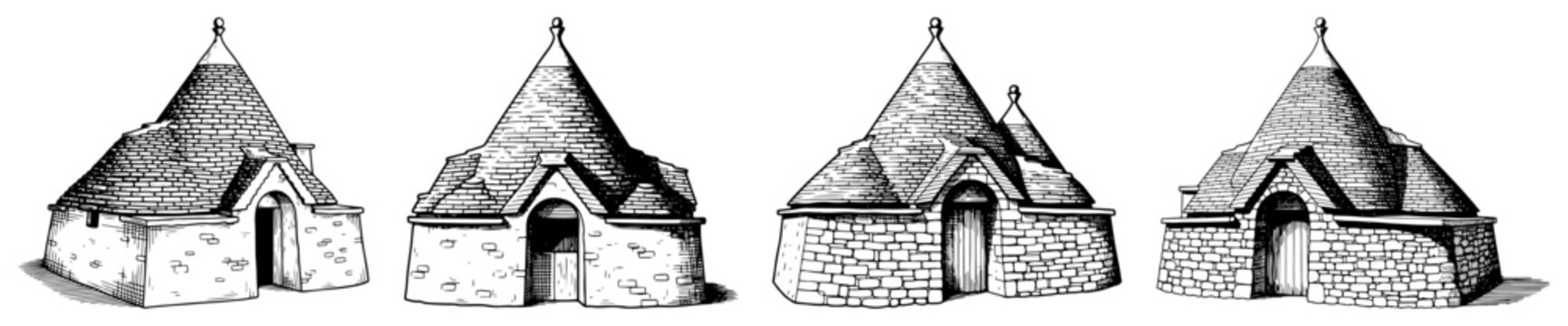 Hand drawn collection of traditional trulli houses with conical stone roofs from italy