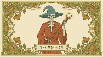 Art Nouveau Skeleton Magician Tarot Card. Vintage Occult Wizard Illustration with Floral Frame.