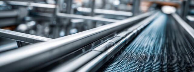 Close-Up Detail of Industrial Conveyor System with Metal Rails and Textured Surface