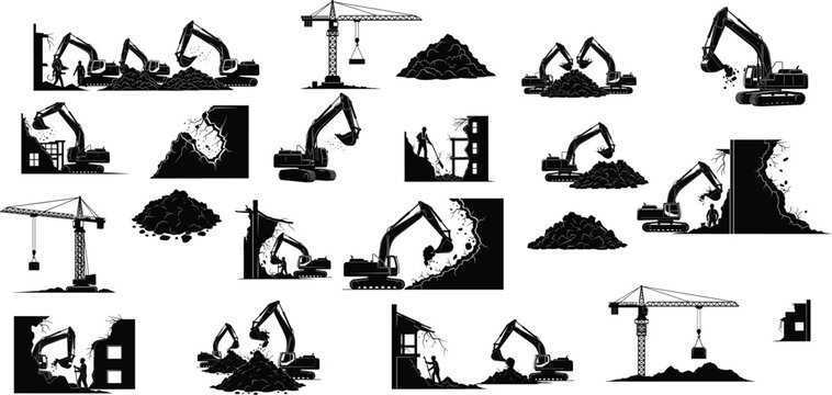 Set of black construction equipment silhouettes including excavators cranes and demolition machinery icons isolated on white background for industrial building design