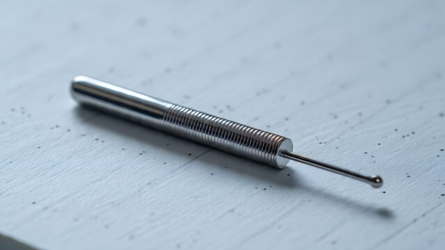 Stainless steel ear curette tool on minimal surface for earwax removal and hearing care concept