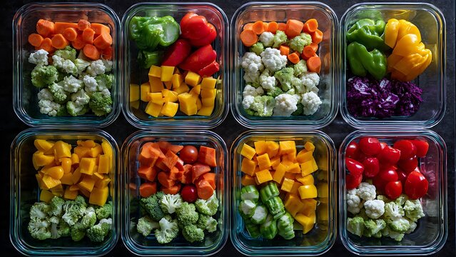 Healthy meal prep glass containers with assorted vegetables top down flat lay