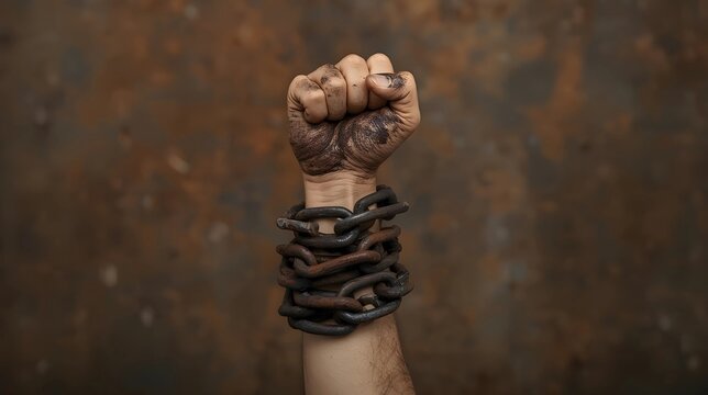 A person's dirty fist is raised against a mottled brown background, with heavy, rusted iron chains wrapped tightly around their forearm, symbolizing struggle or resistance. Freedom concept.
