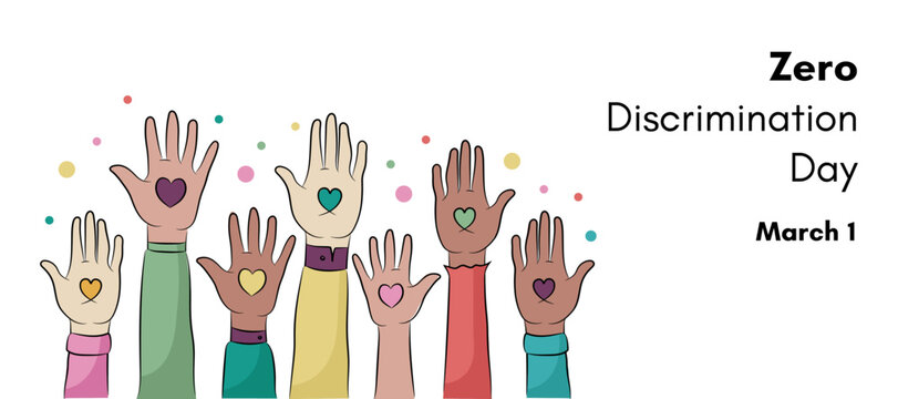 Zero Discrimination Day banner. People hands raised up with a heart symbol.