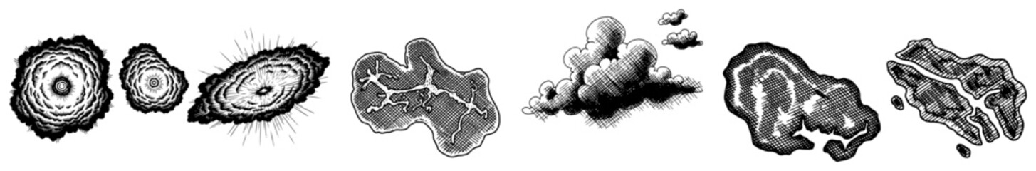 Collection of celestial elements including galaxies clouds and floating islands in hand drawn sketch style © Tomas