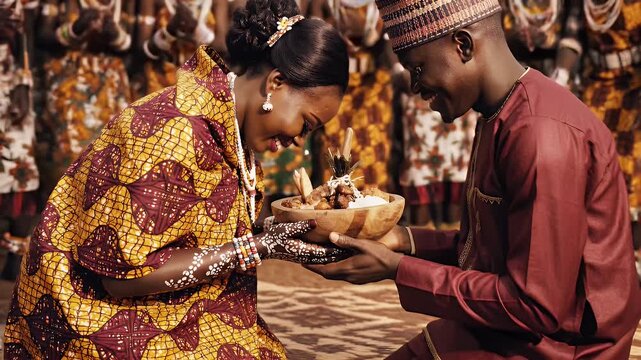 Ugandan Couple Shares Food Bowl Celebration With Guests in Traditional Attire Brown and Yellow Patterns Ritual Ceremony