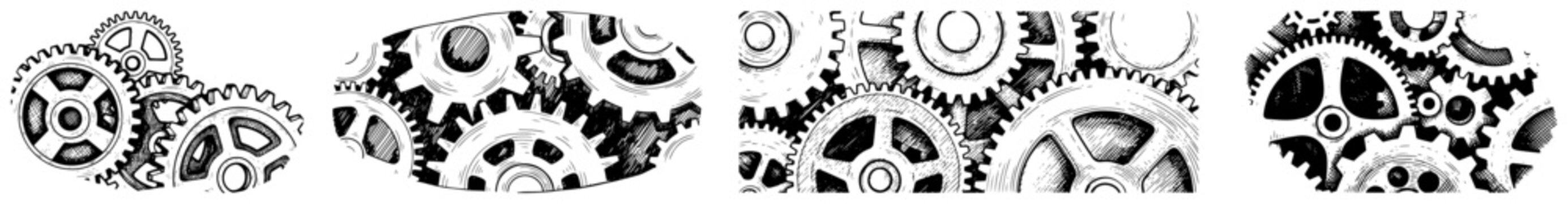 Set of horizontal strips featuring intricate clockwork gears and cogs in vintage engraving style