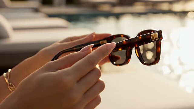 Woman Holding Tortoiseshell Sunglasses at a Luxurious Resort Outdoors in Sunlight During Summer