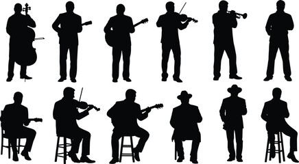 Black silhouette collection of musicians playing instruments like guitar violin and trumpet isolated on white background for music and entertainment © Shahanaj