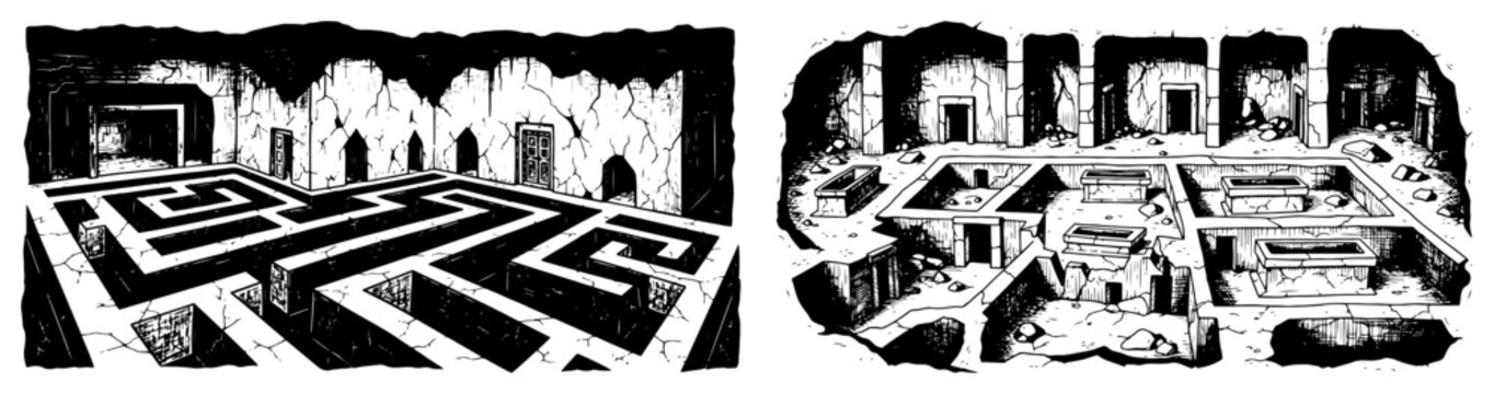 Vintage engraving style illustration of underground stone labyrinths and ancient ruins with secret chambers