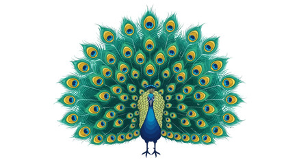 Vector illustration of a majestic peacock with spread tail feathers on a white background © anta