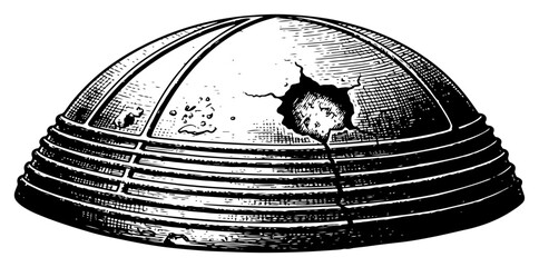 Broken metallic dome hatch with large crack in vintage ink style © Tomas