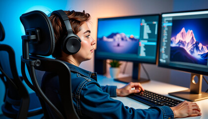 Naklejka premium A teenager wearing headphones works on computer graphics in a high-tech computer lab, focused on the creative process.