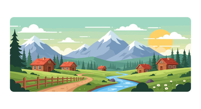 Serene Mountain Village Landscape with River and Houses.