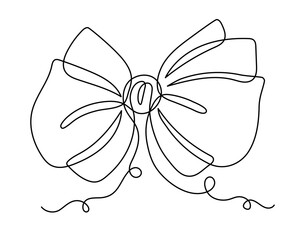 Fototapeta premium Bow knot one line art, hand-drawn ribbon butterfly gift continuous contour drawing. Decorative festive holiday minimalistic decoration, Christmas Birthday present. Editable stroke. Isolated. Vector 