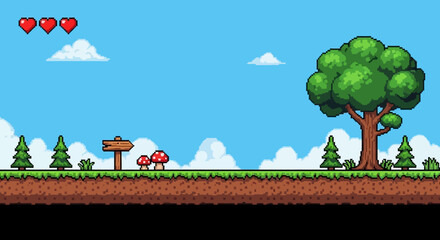 Pixel art landscape with trees and hearts in a video game style. © Abhinaya Project