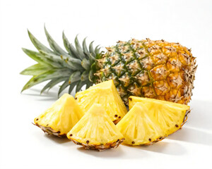 Fresh Whole Pineapple and Slices Product Shot Isolated on White Background