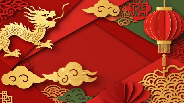Vibrant red and gold festive background featuring a majestic dragon, traditional lantern, and intricate paper-cut auspicious clouds, perfect for cultural celebrations