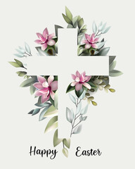 Easter Cross with Spring Flowers and Happy Easter Greeting

