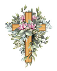 Wooden cross with flowers and leaves isolated on white background
