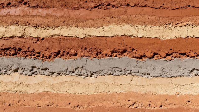 Architectural rammed earth wall texture with horizontal layers of compressed soil and sand
