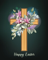 Happy Easter Floral Cross on Dark Background
