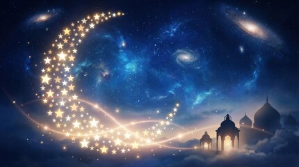 Magical Night Sky with Stars, Crescent Moon and Cosmic Background