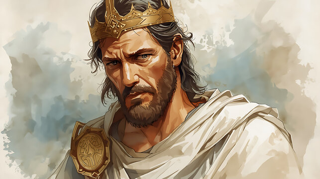 Watercolor Painting of King Saul, Bliblical Illustration of First Israel King From Bible and Old Testament 