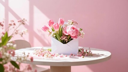 Fototapeta premium Creative Mother's Day concept with pink tulips and peonies flowers spilling out of white envelope