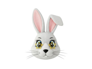 Obraz premium A cartoon white rabbit's face with big eyes and long ears, looking directly at the viewer with a cute expression isolated on transparent background