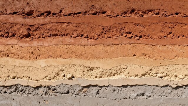 Architectural rammed earth wall texture with horizontal layers of compressed soil and sand