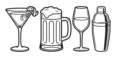 Collection of Black and White Vector Bar Icons Featuring a Martini Glass, Foaming Beer Mug, Wine Glass, and Cocktail Shaker