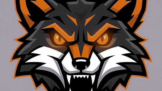 Fierce wolf head illustration with sharp teeth and orange eyes.