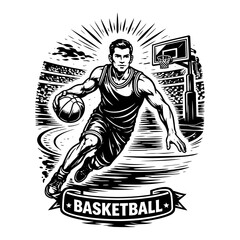 Basketball player dribbling ball on court vector illustration in vintage engraving style © Tomas