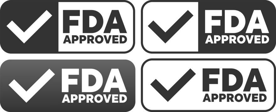 Black and gray FDA approved badges with check mark icons in rounded styles for certification display