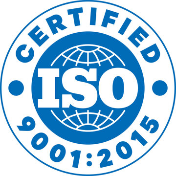 Blue circular ISO certified badge shows globe and text indicating quality standard