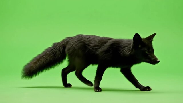 Black Fox Walking on Green Screen - Wildlife Stock Footage for Compositing and Visual Effects Projects