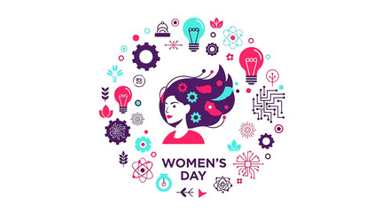International women's day celebration with colorful symbolic icons and light bulbs