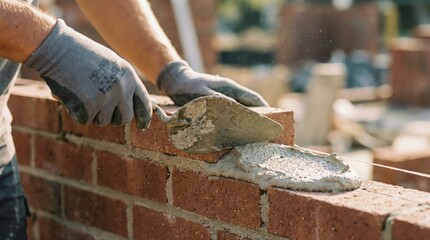 Construction Worker Laying Bricks with Trowel