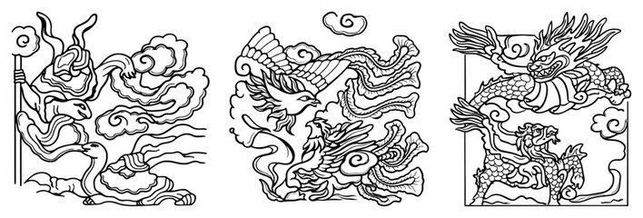 Obraz premium Set of three mythical Asian creatures featuring phoenix dragon and qilin in square panels