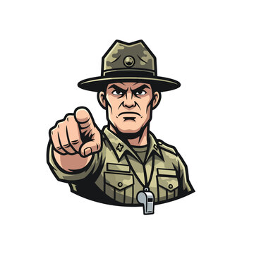 Serious drill instructor in uniform, pointing directly at viewer, vector illustration