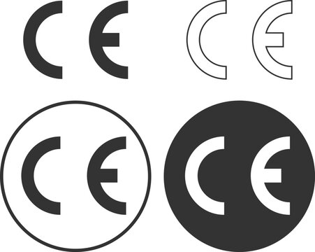 Set of CE mark icons in different styles including solid, outline, and circular badges