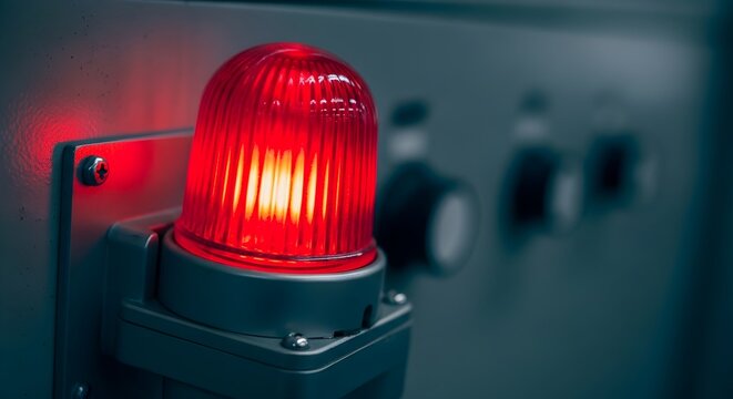A close-up of a bright red flashing warning light indicating an alert or emergency on a dark metal control panel in an industrial setting, signifying system status or a critical operational issue