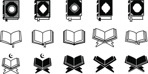 Islamic Holy Book Quran Vector Icon Set Featuring Traditional Covers Open Pages and Rehal Book Stands Isolated on White Background for Religious Design Projects © MstKalpona