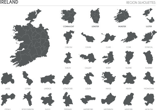 Ireland region silhouettes set and blank map of the country isolated on white background. Vector illustration design