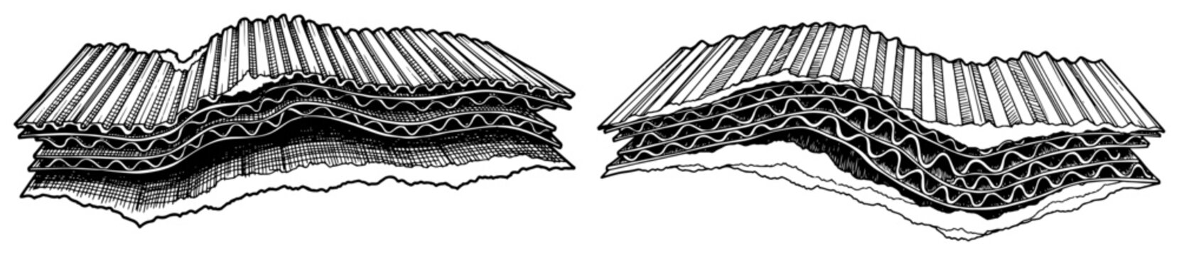Cross section view showing layers of corrugated cardboard material or structural building elements